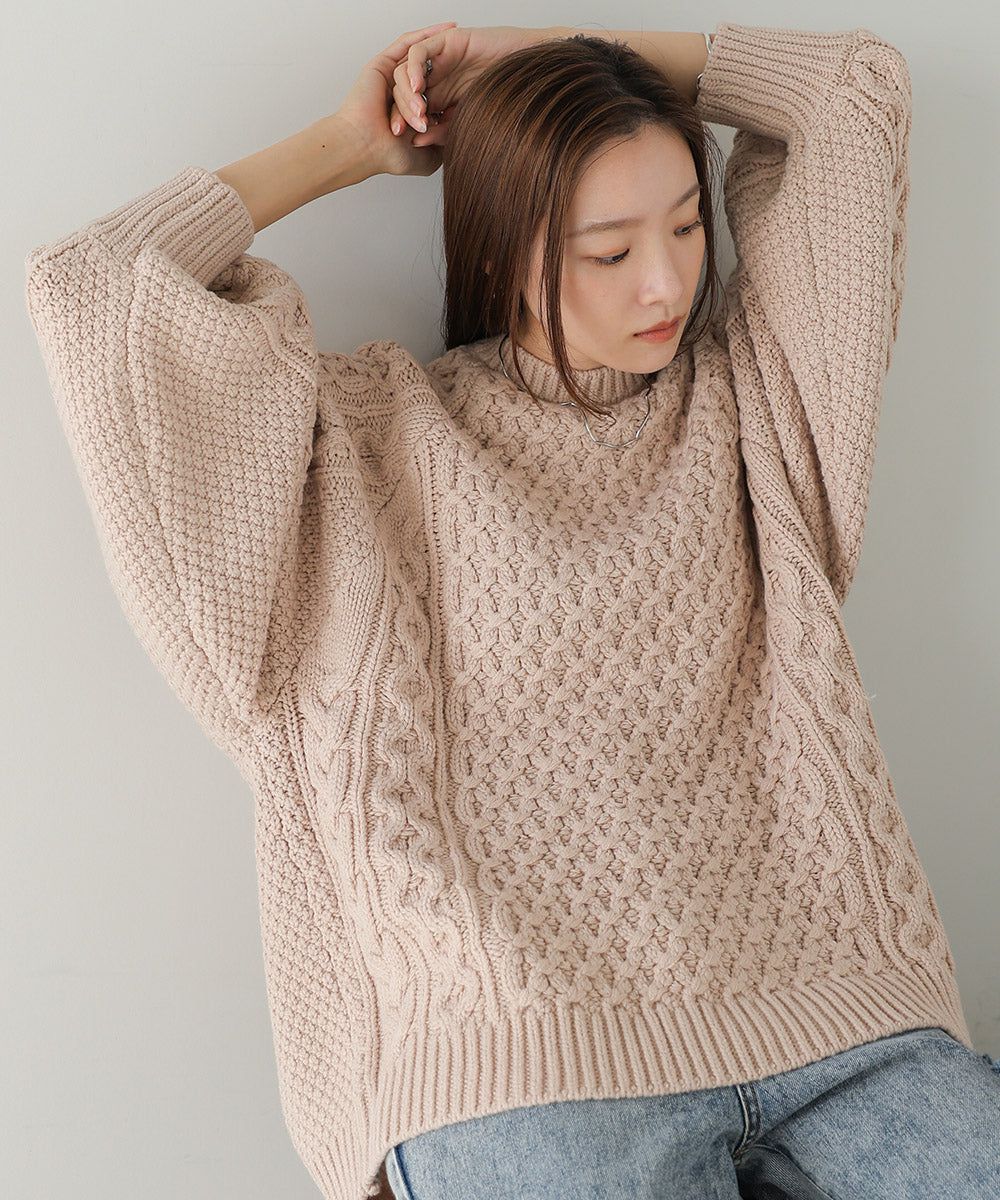 日本 Bab - 麻花編織大寬袖針織上衣-炭灰