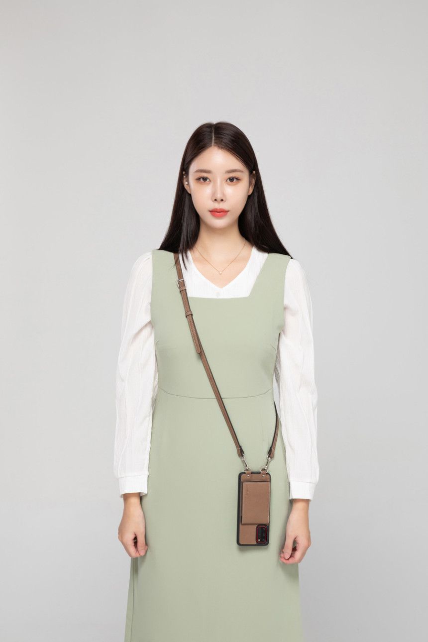 韓國 ARDERE - 卡夾折疊鏡皮質背繩防摔手機殼-可可棕