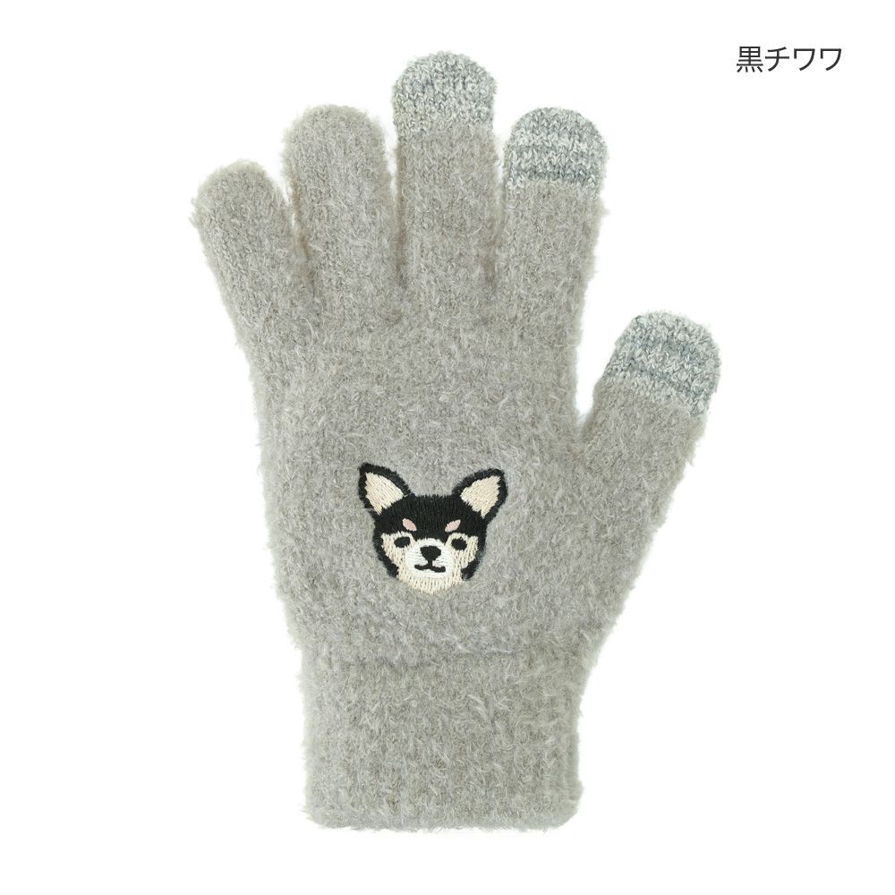 日本 TOMO - (大人)可觸控可愛動物毛絨保暖手套-黑吉娃娃-灰