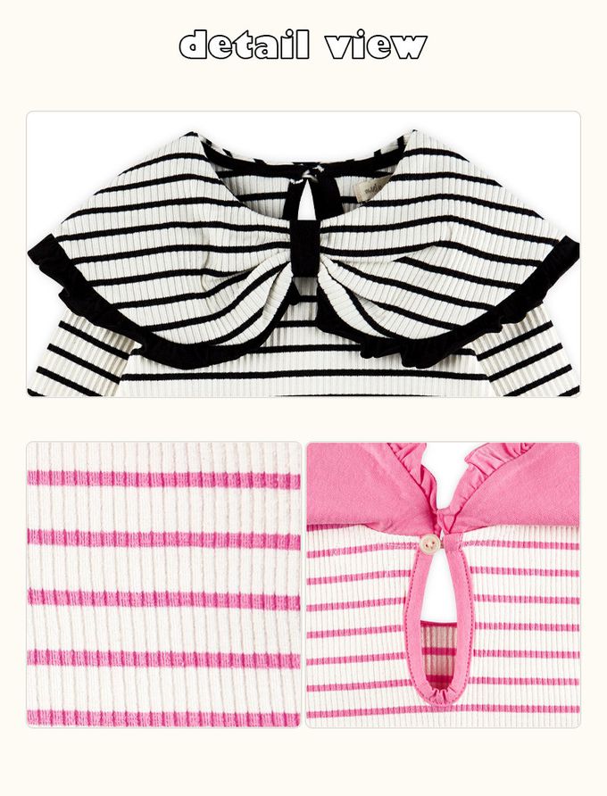 韓國 WALTON kids - 蝴蝶領條紋長袖上衣-黑