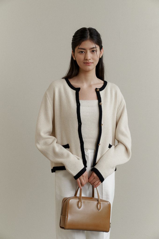 韓國女裝連線 - 百搭無領金釦針織外套-深藍 (FREE)