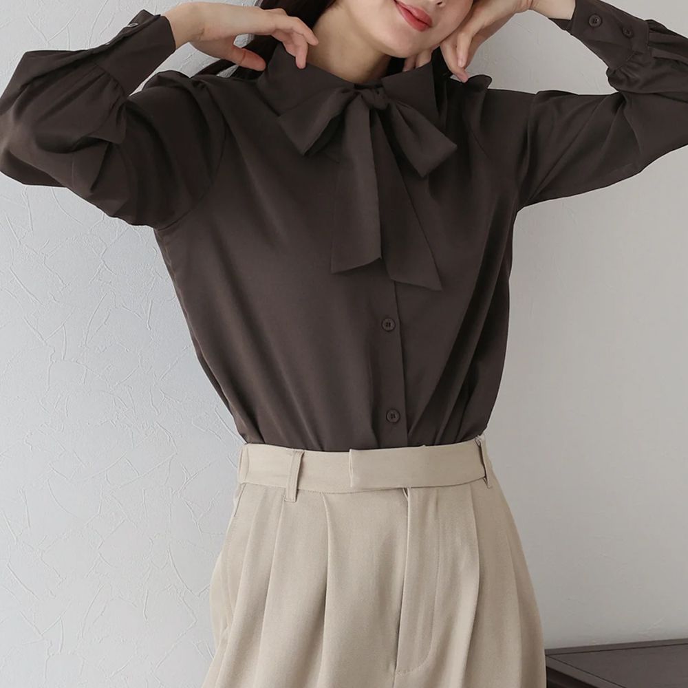 大人氣！優雅扭結雪紡長袖襯衫-咖啡
