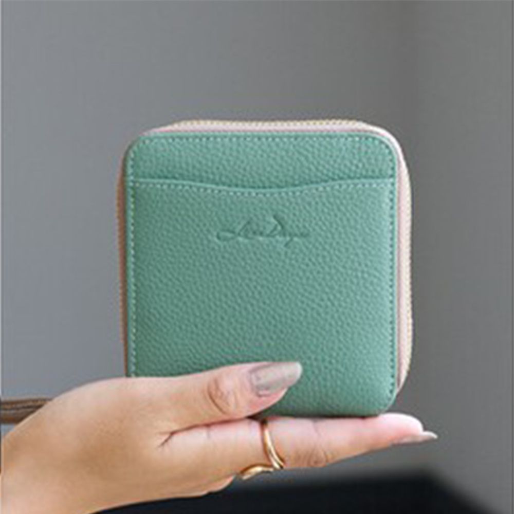 優雅輕量迷你真皮短夾(防盜設計)-湖水綠x棕 (10.5x11cm)
