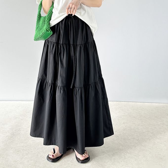 日本 Classical Elf - 古典優雅綁帶分層鬆緊長裙-象牙