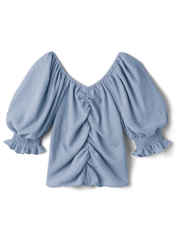 日本 GRL - V領抓皺澎澎短袖抽繩上衣-罌粟粉