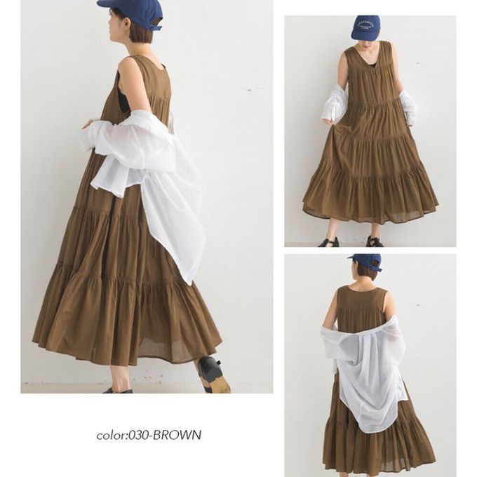 日本 OMNES - 100%印度棉 巴里紗分層V領無袖洋裝-咖啡