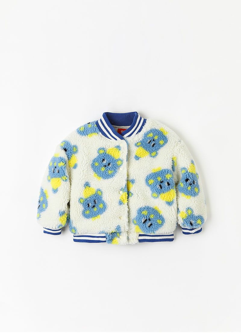 韓國 OZKIZ - 保暖毛絨絎縫內裡棒球外套-藍熊熊