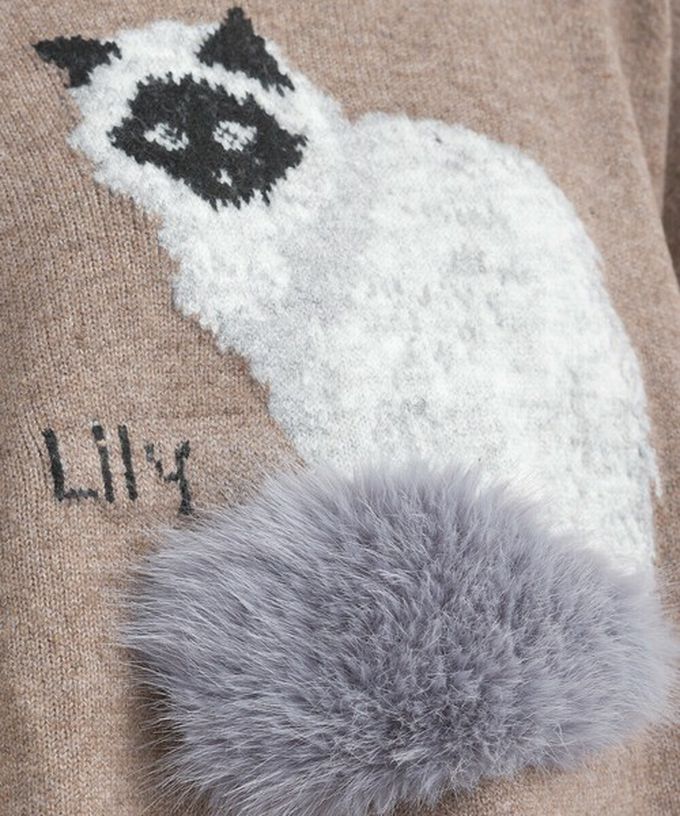 日本 Lupilien - 毛絨尾巴貓咪設計感針織長袖上衣-深灰