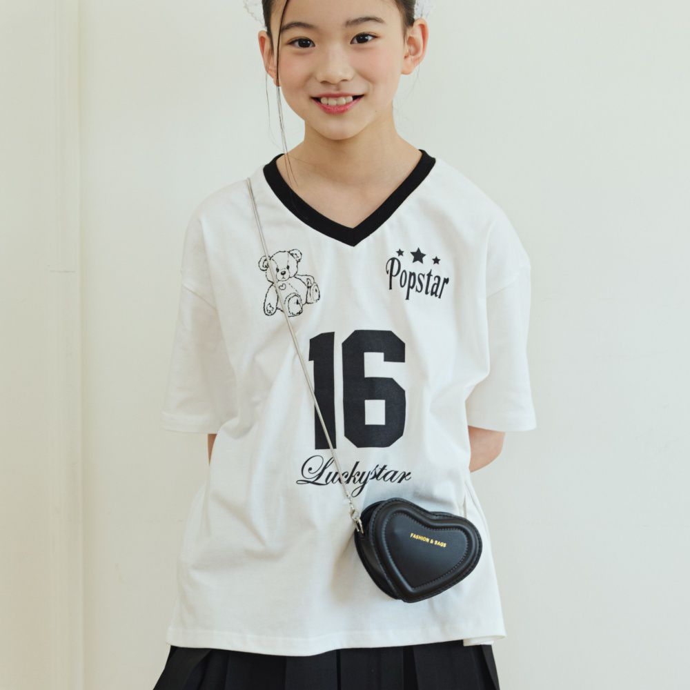 sm2 運動風娃娃文字印V領短袖上衣-白