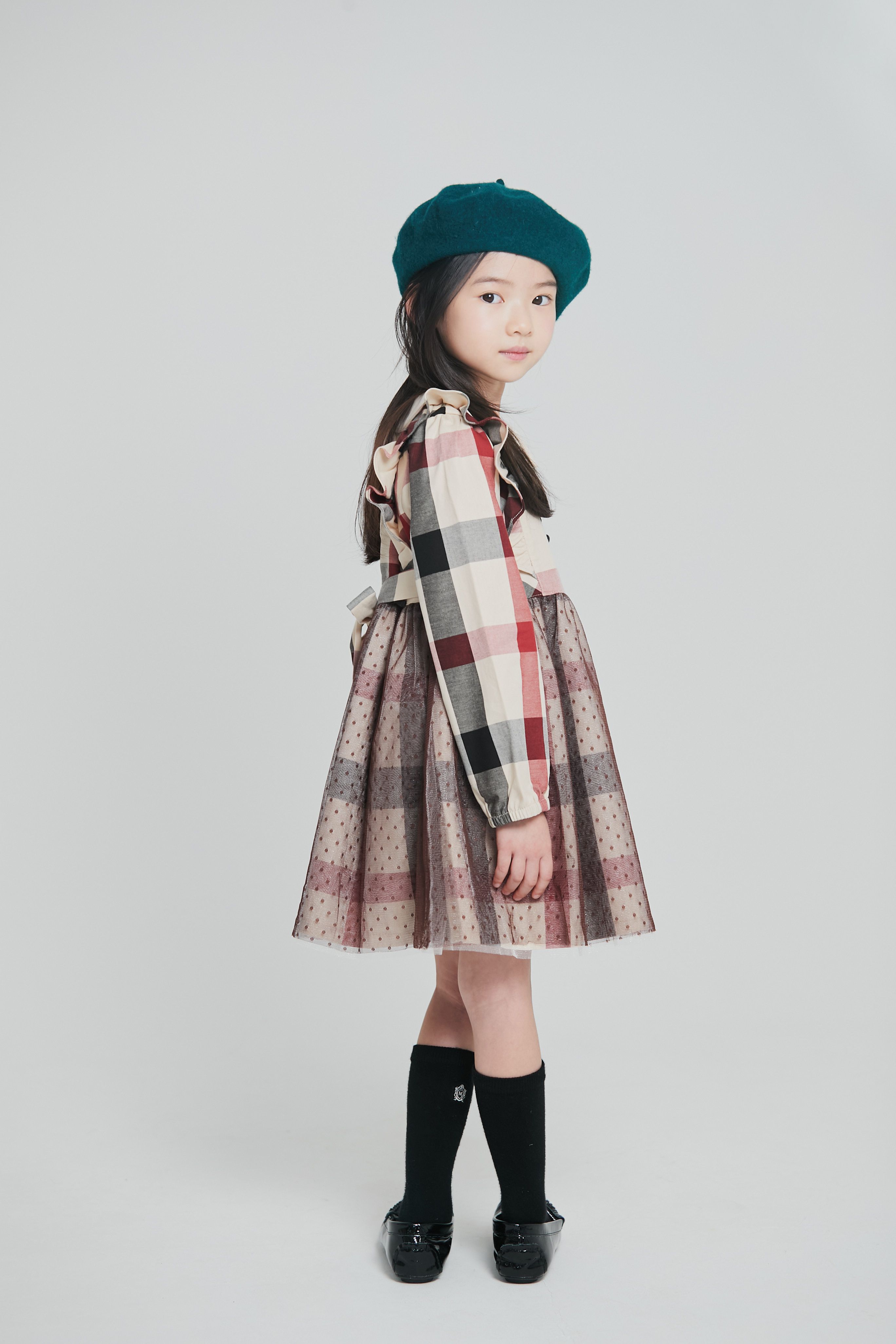 韓國 Coco Bang - 英倫格紋荷葉邊拼點點網紗洋裝