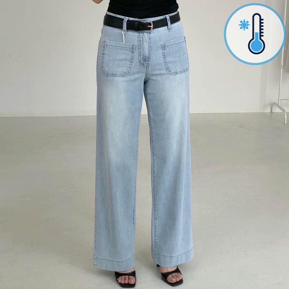 (涼感機能)彈性腰口袋直筒丹寧褲-淺藍