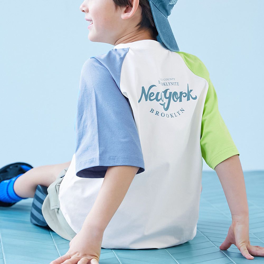 [快乾防皺]防污機能短袖上衣-撞色-白x藍綠