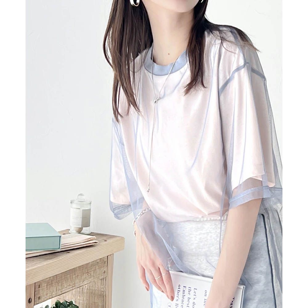 Java 薄紗層次酷甜五分袖上衣-淺粉x藍灰紗