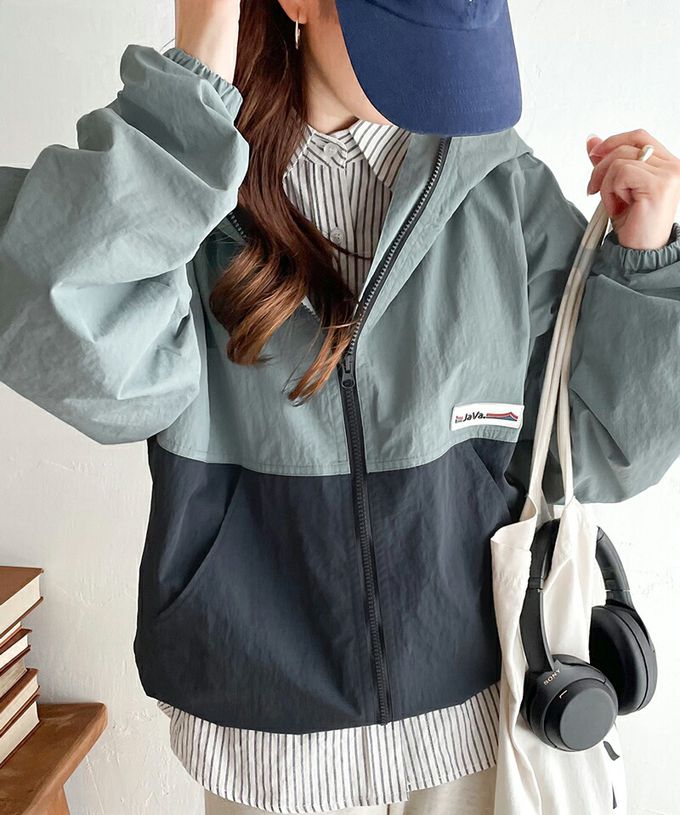 日本 Classical Elf - Java 撞色抽繩防風尼龍外套-芥黃x藍