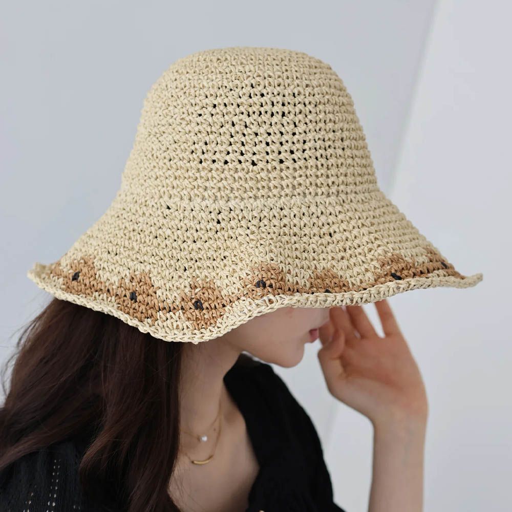 甜蜜花朵編織遮陽漁夫帽-米杏