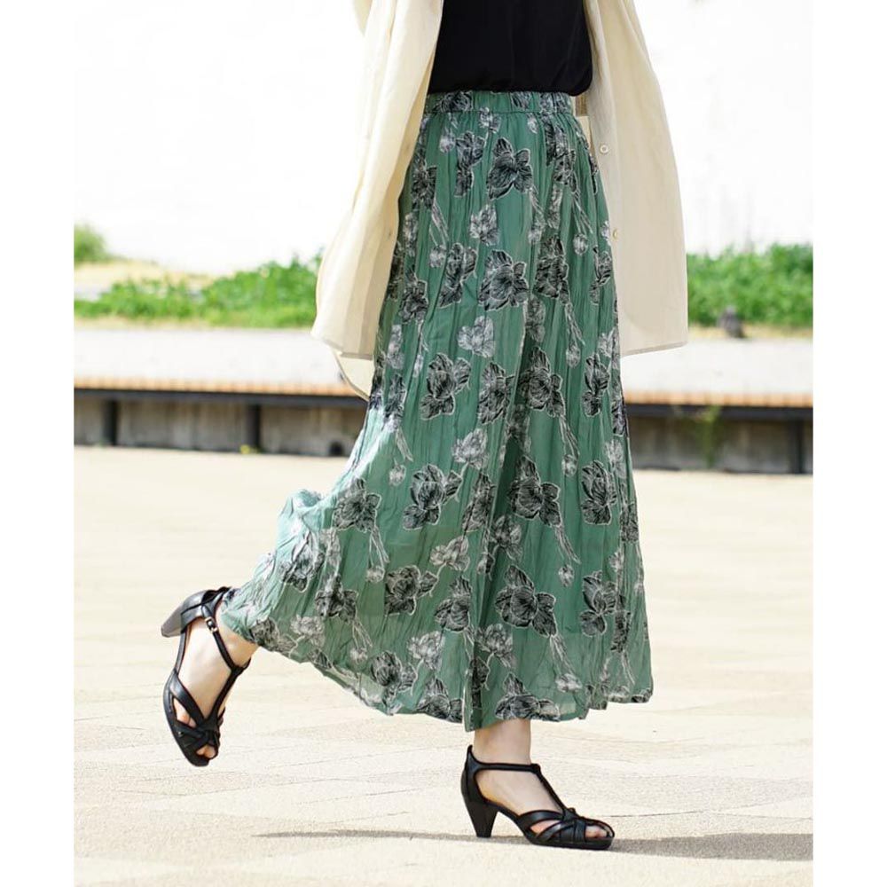 日本 zootie - 100%印度棉 超透氣舒適寬褲-復古花朵-綠