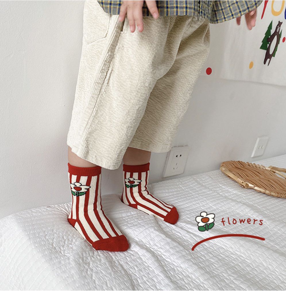 love, charlotte - 冬季紅色系可愛女孩毛圈內裡厚棉襪 ( 5雙一組）