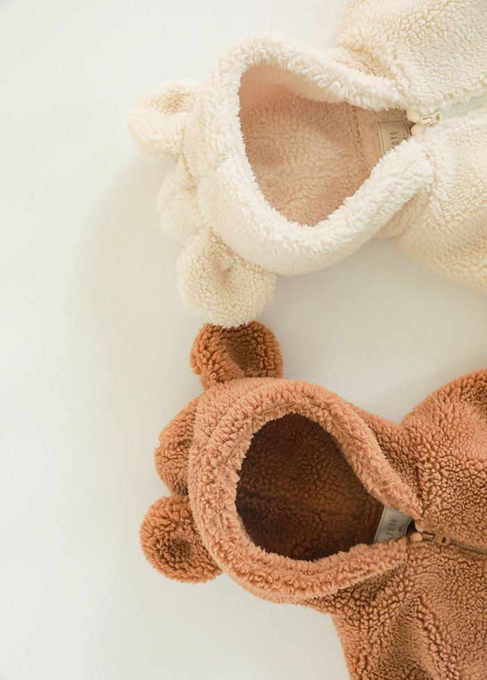 加厚連帽羊羔絨兒童造型外套-熊熊耳朵-米白色