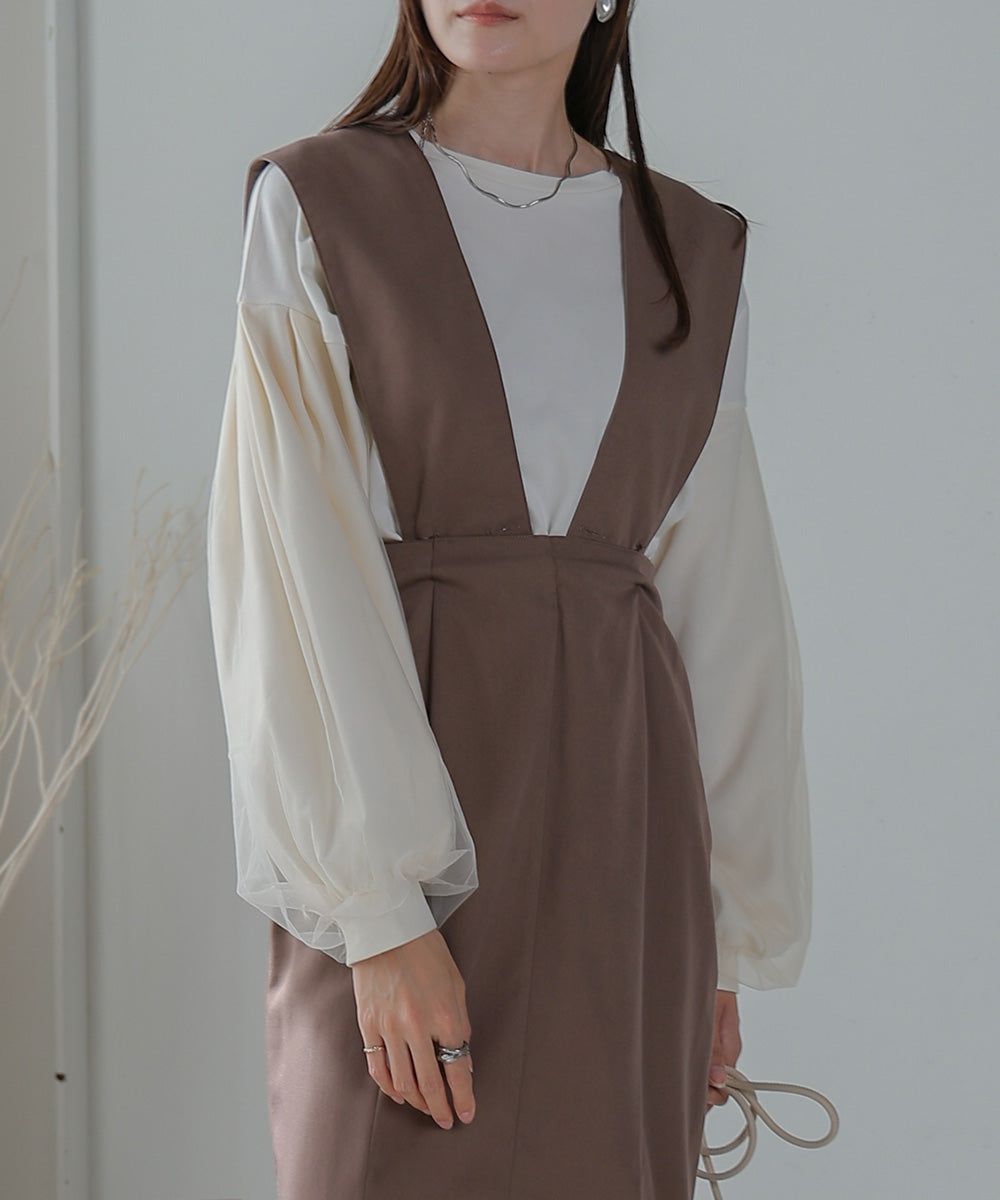 日本 Bab - 優雅拼接薄紗長袖上衣-深灰