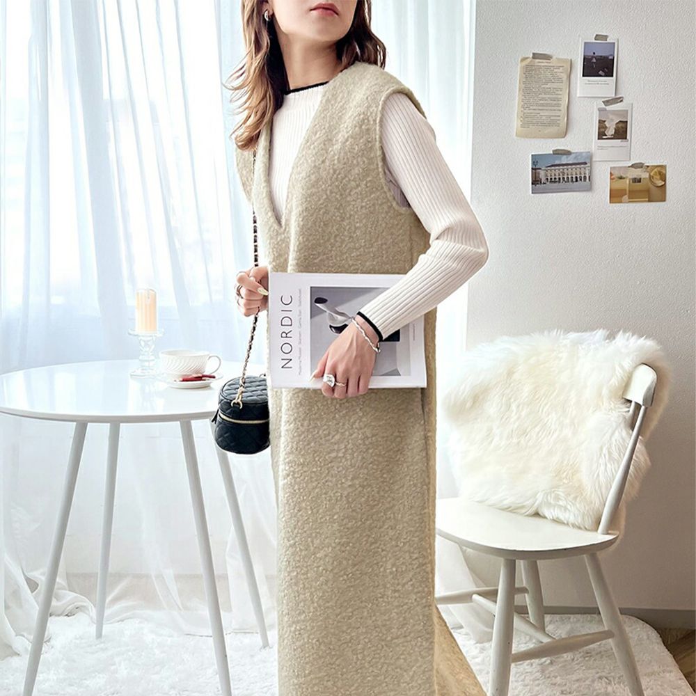 毛茸茸修身V領背心裙-灰杏