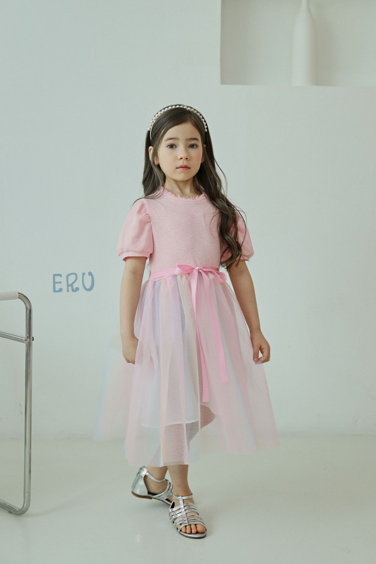 韓國 ERU - 夢幻彩虹漸層網紗洋裝-粉紅