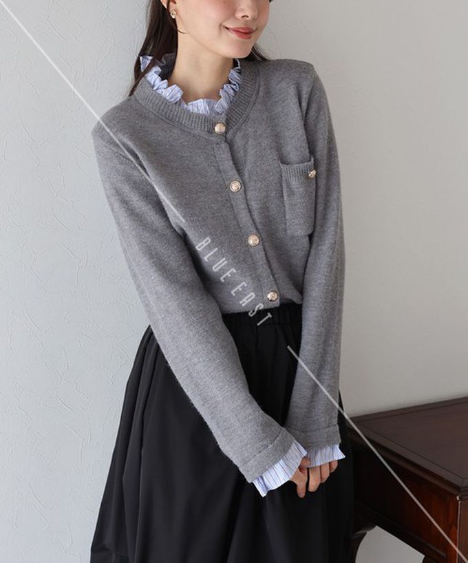 日本 BLUE EAST - 甜心假二件荷葉領金扣開襟衫-深咖啡 (M)