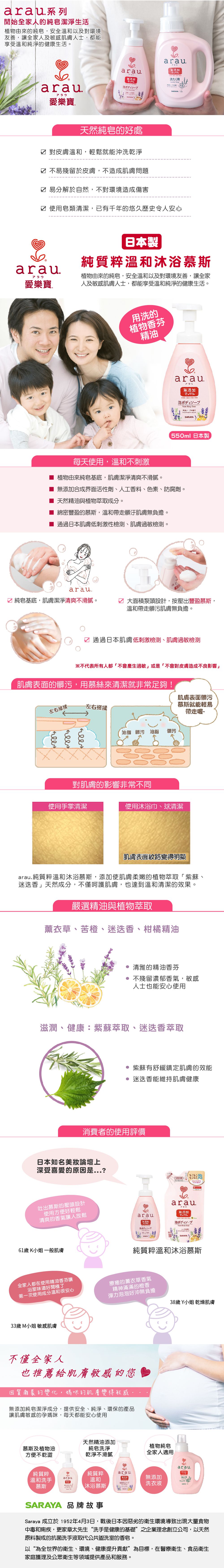 日本 SARAYA - arau.無添加 純質粹溫和沐浴慕斯補充包-450ml