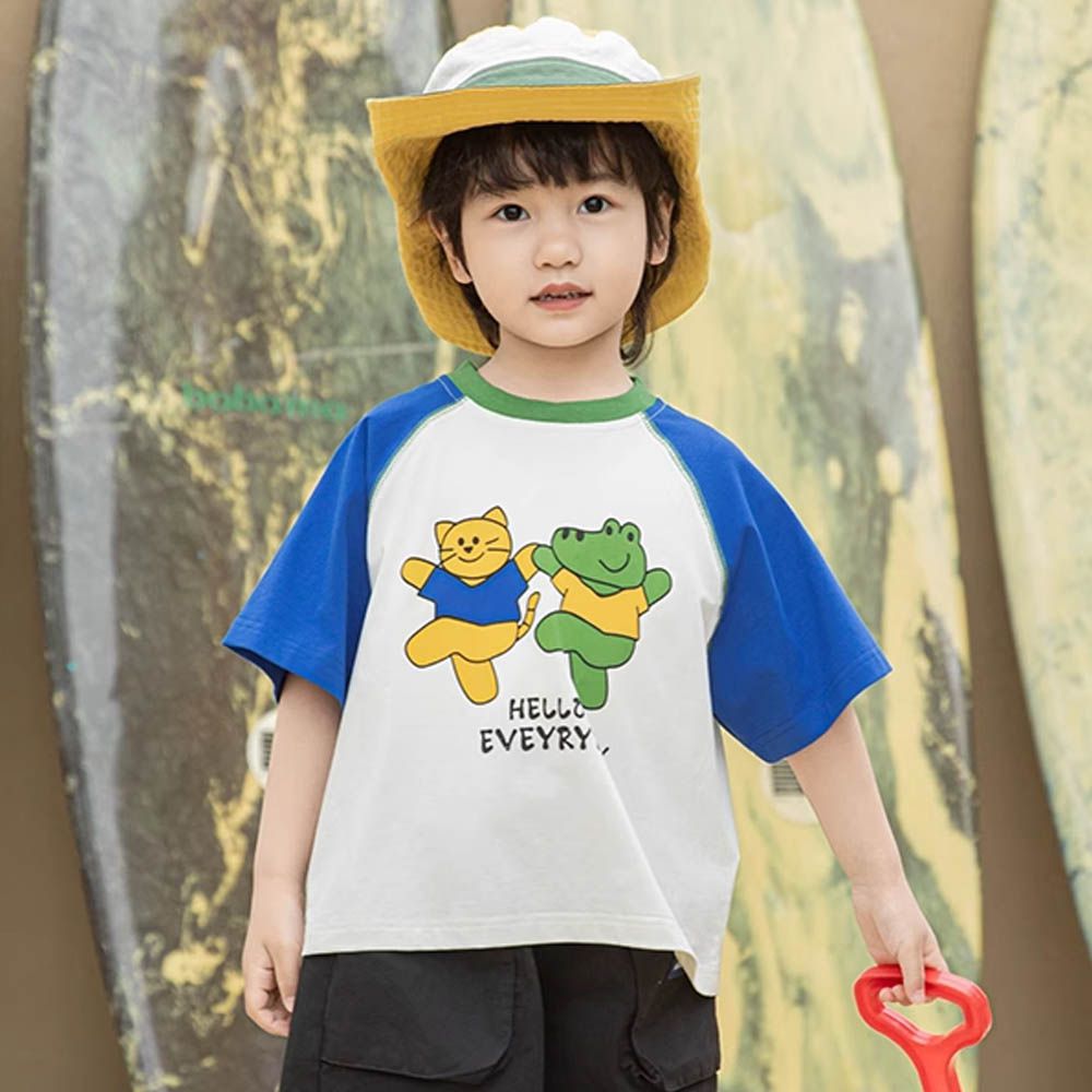 棉質圓領休閒短袖上衣-動物園遊會-拼袖藍