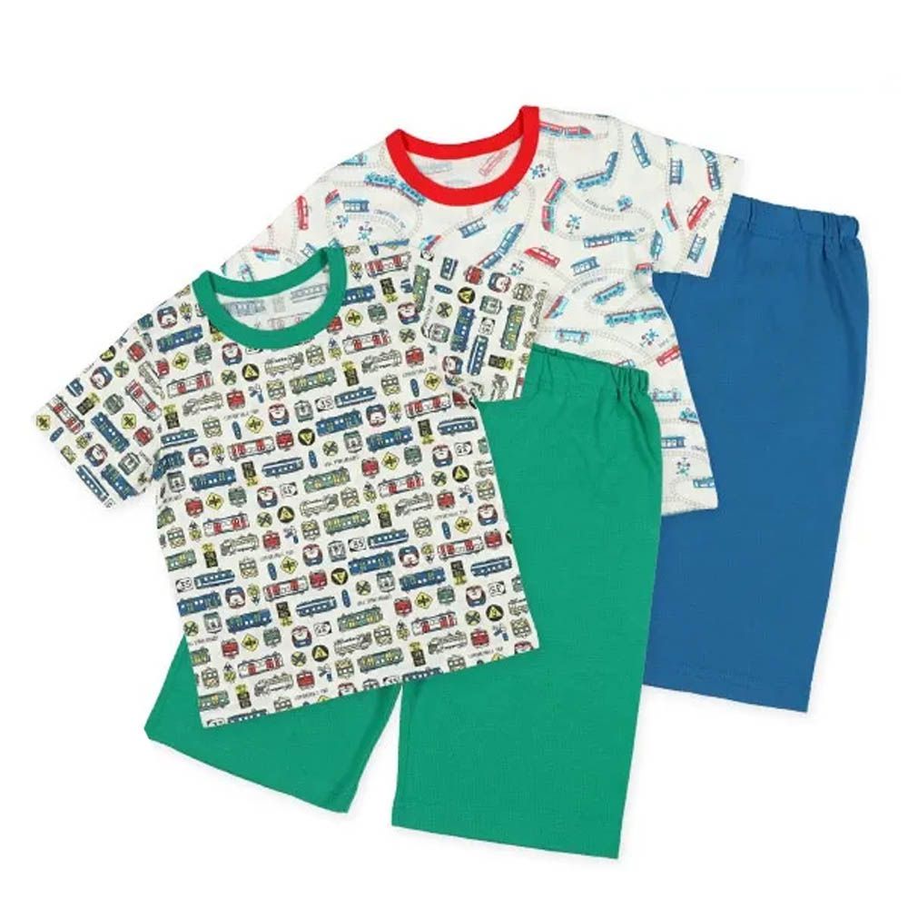 清爽短袖家居服/睡衣(2套組)-火車-藍x綠