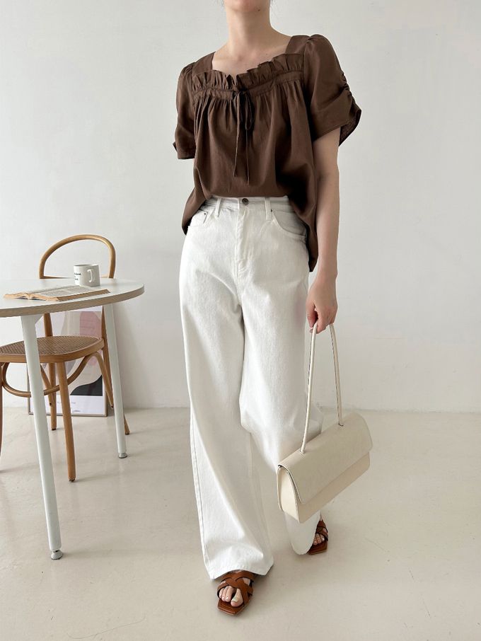 韓國女裝連線 - 波浪方領棉麻短袖上衣-白 (FREE)