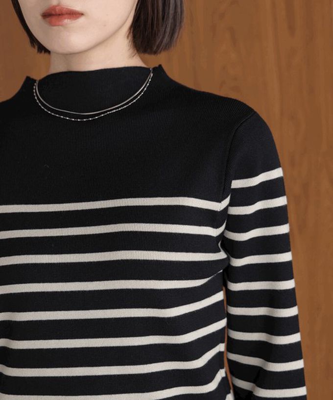 日本 Bab - 俐落感簡潔小立領針織上衣-黑底條紋