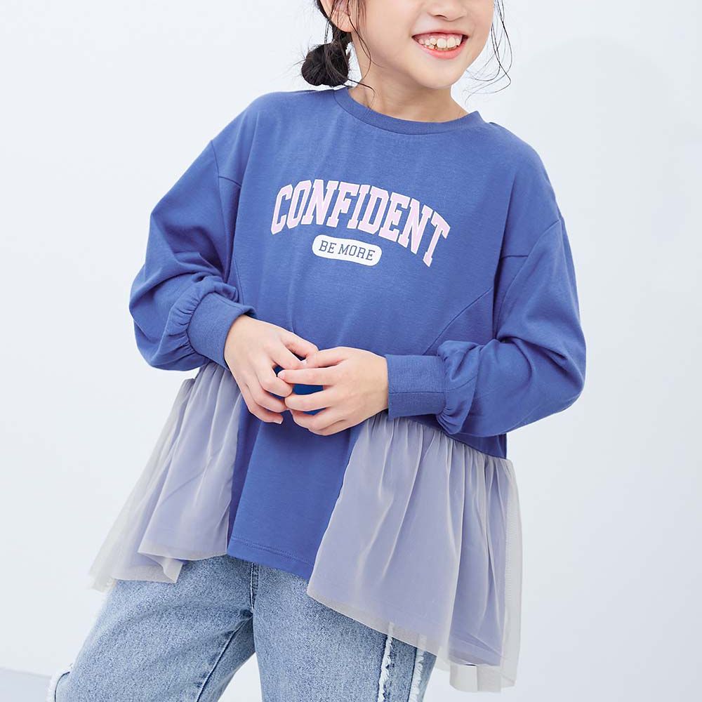 天竺棉 甜美薄紗荷葉拼接長袖上衣-寶藍