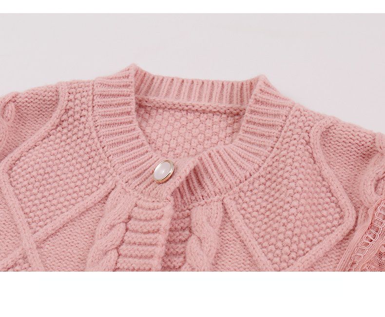 甜美蕾絲花邊針織毛衣外套-米杏