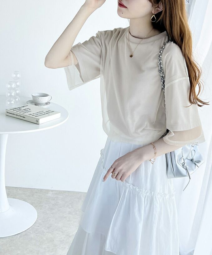 日本 Classical Elf - Java 薄紗層次酷甜五分袖上衣-白x灰紗