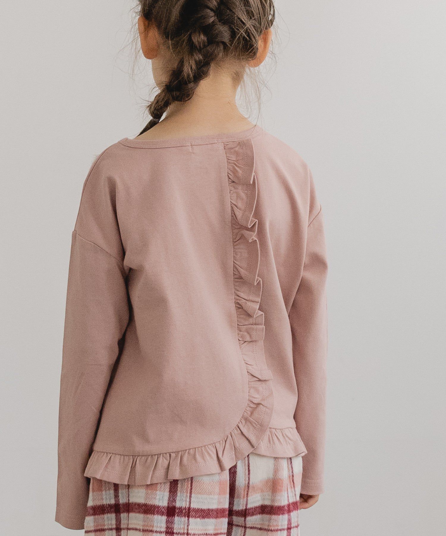 日本 PAIRMANON - 柔棉100% 可愛捲邊薄長袖上衣-桃粉