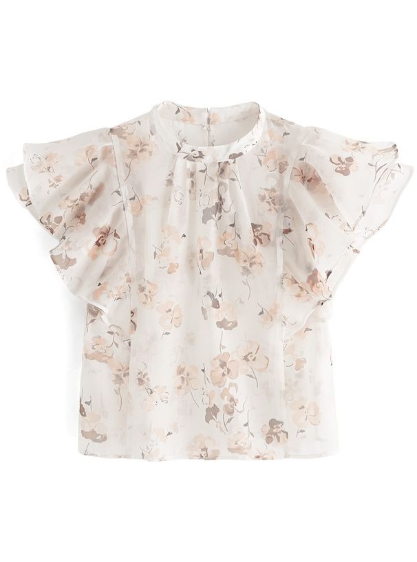 日本 GRL - 清新碎花雪紡荷葉袖上衣-淺水藍 (F)