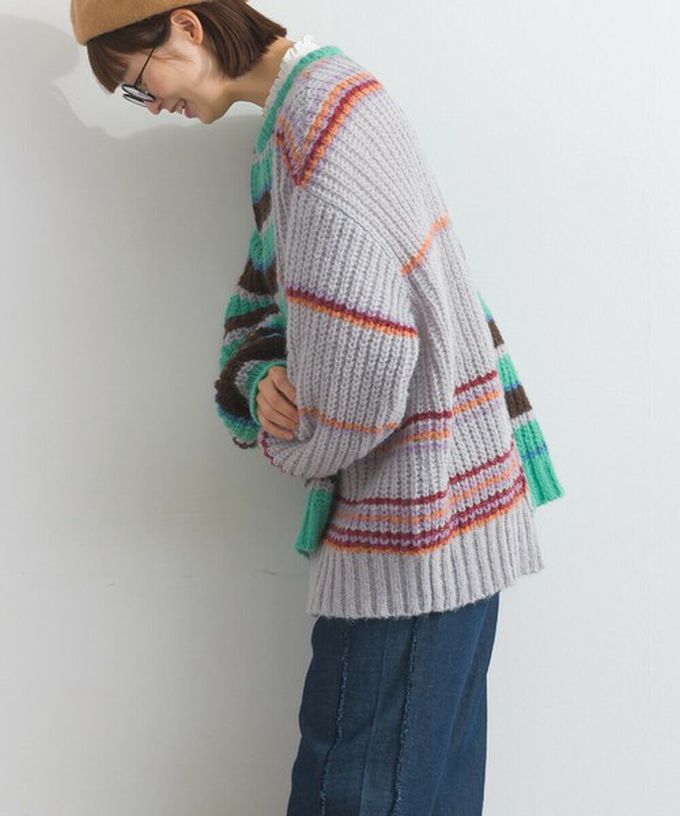 日本 Lupilien - 交錯明亮撞色條紋粗編毛衣-棕色系