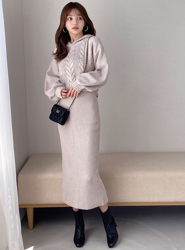 日本 GRL - 柔軟針織帽Tx長裙2件組-淺灰杏