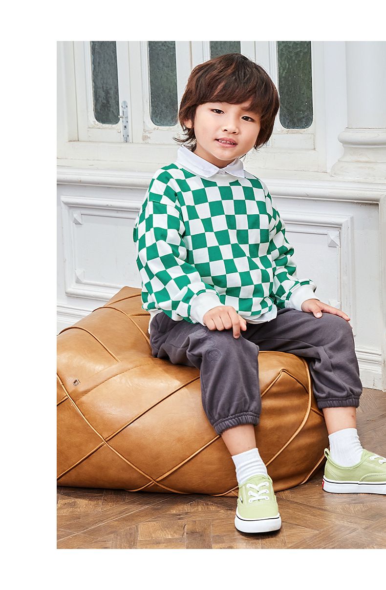Minizone - 格紋圓領長袖上衣-英文字母-綠+白