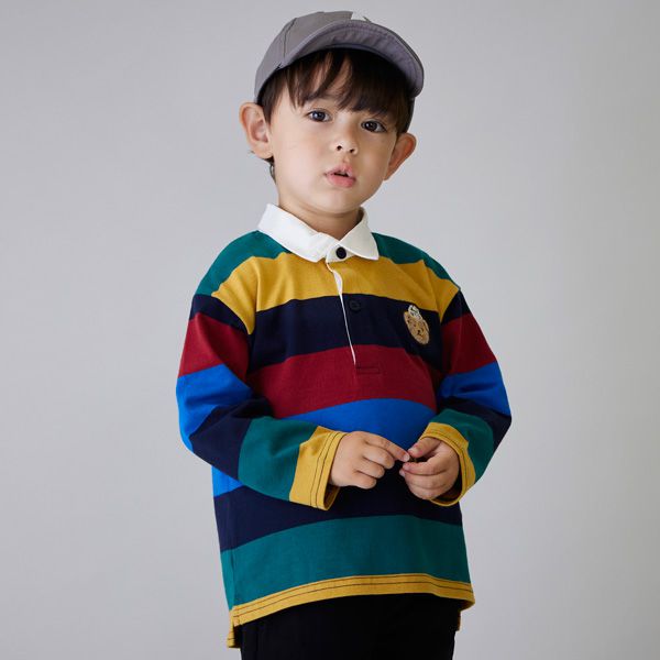 日本 petit main - 美式足球風氣質長袖POLO衫-刺繡小熊-黑米杏