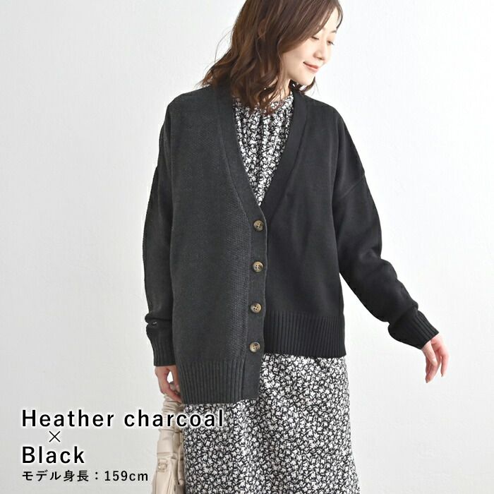 日本 ihuu - V領不對稱撞色薄針織外套-深灰x黑