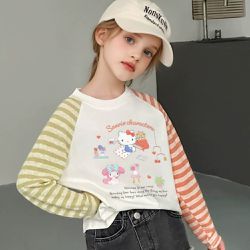 人氣卡通 - 甜美條紋撞色長袖T恤-卡通人物美樂蒂/Hello Kitty-米白