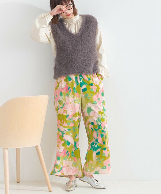 日本 le colis - [人氣款]柔和季節感印花輕盈寬褲-暈染-粉紅x綠