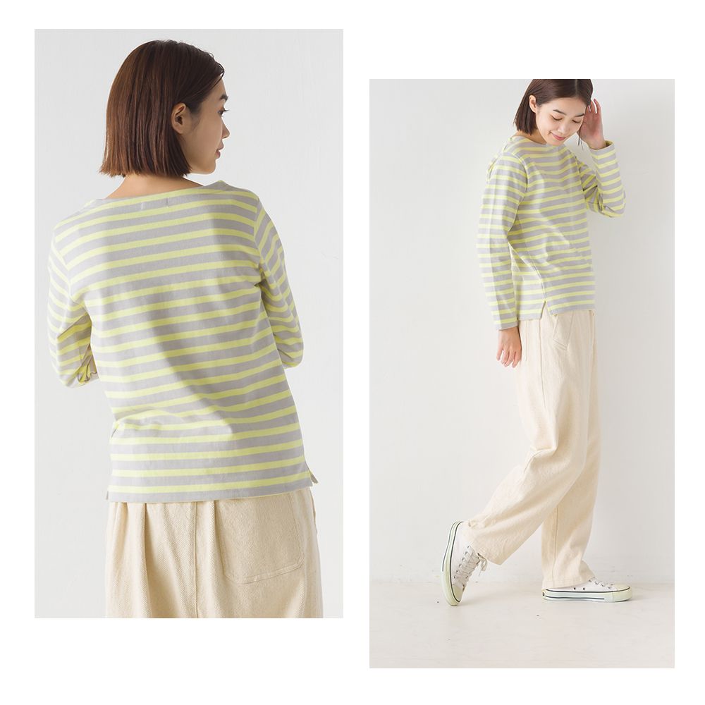 日本 OMNES - 顯瘦船領純棉薄長袖上衣-條紋-杏x白