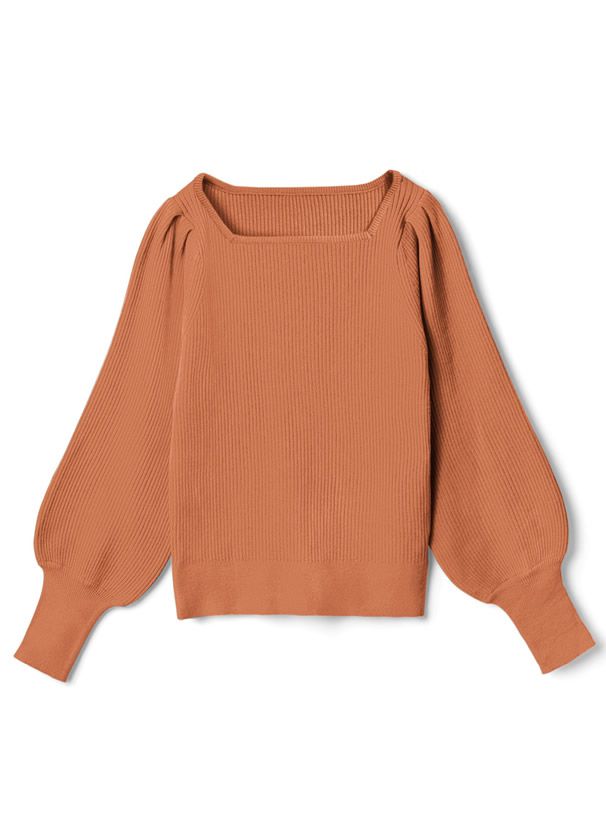 日本 GRL - 方領直羅紋氣球袖針織上衣-玫瑰粉