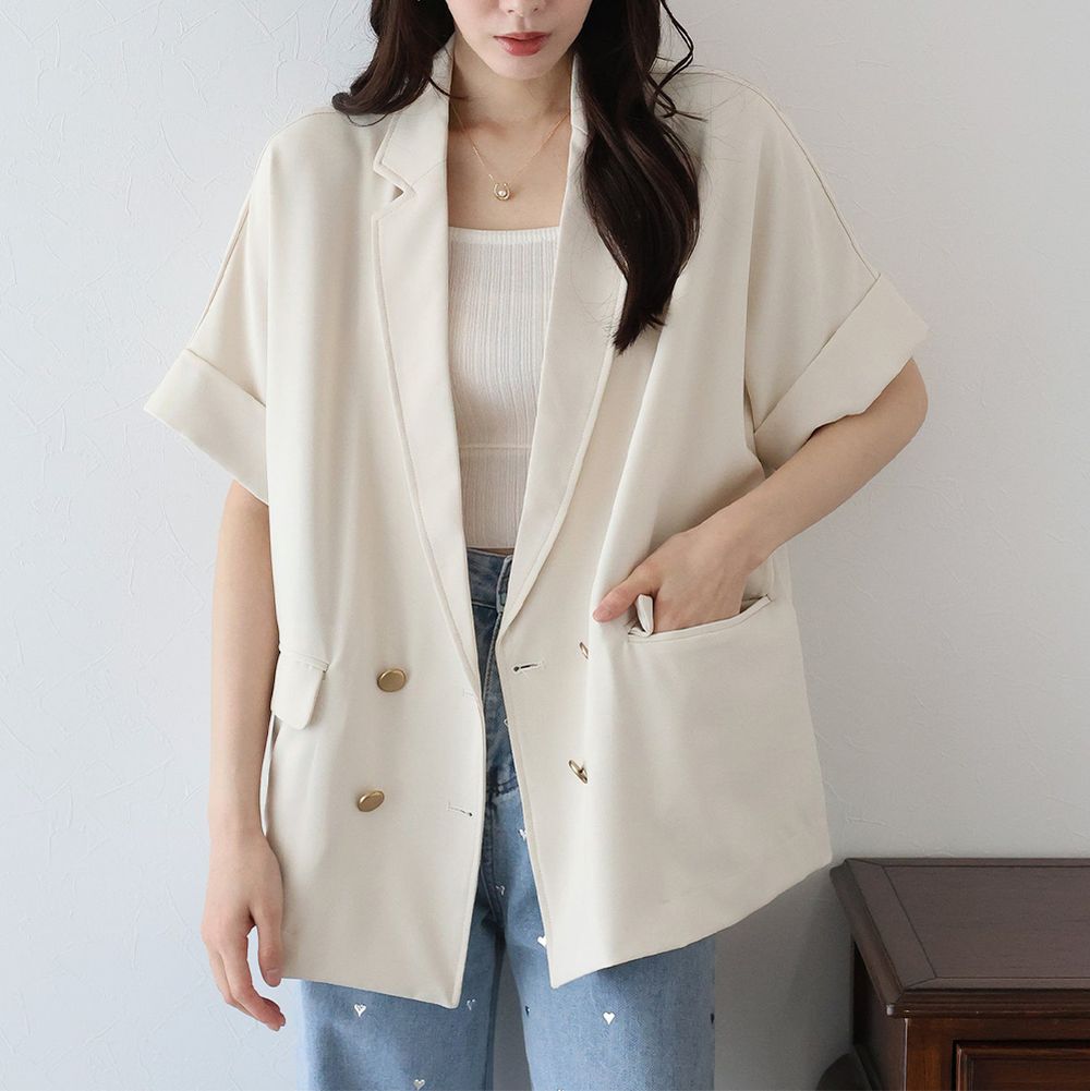 亞麻感氣質金釦短袖西裝外套-象牙白