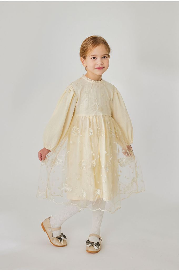 韓國 OZKIZ - 蒲公英繡拼接網紗連身洋裝-米