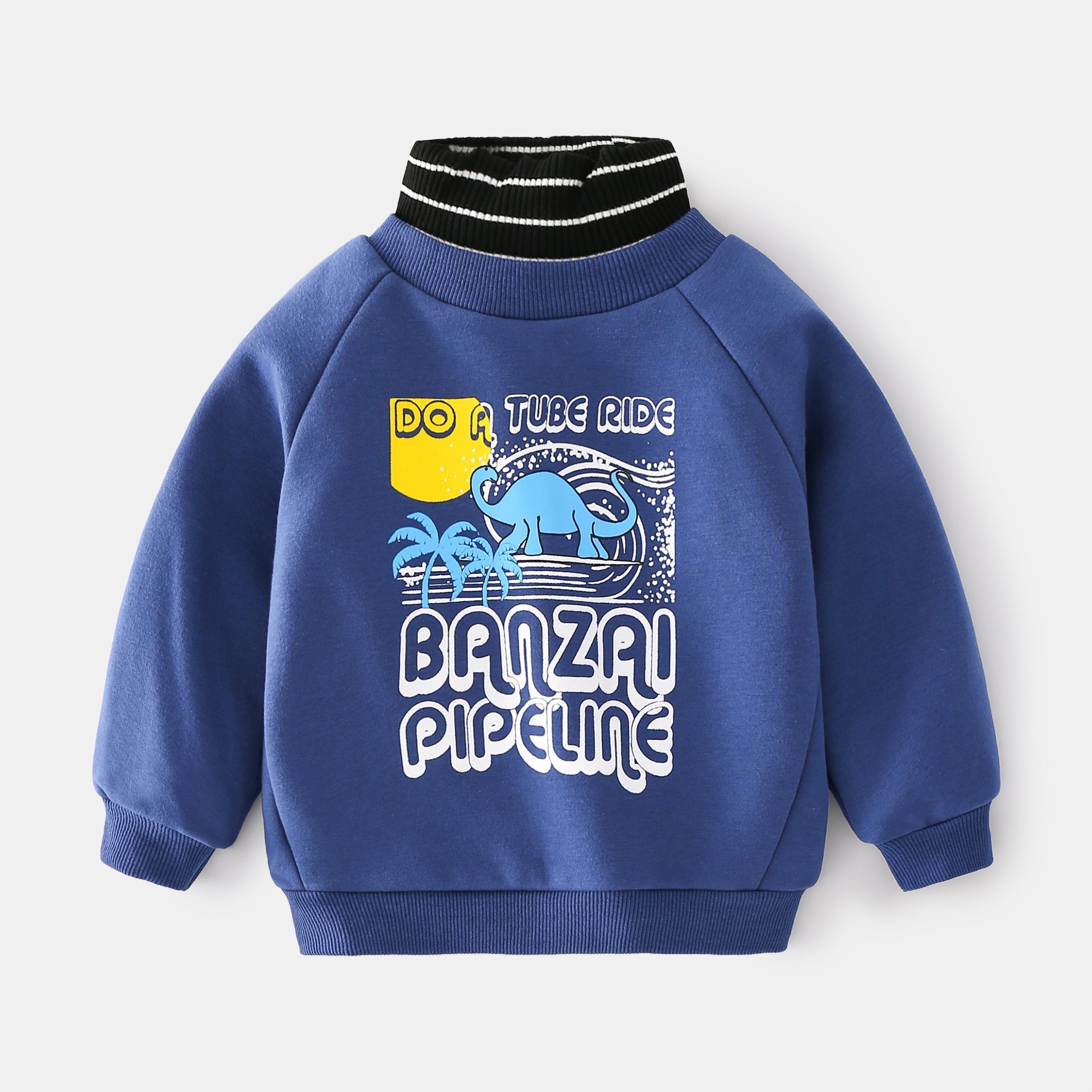 WELLKIDS - 假兩件高領長袖休閒上衣-字母暴龍-綠色