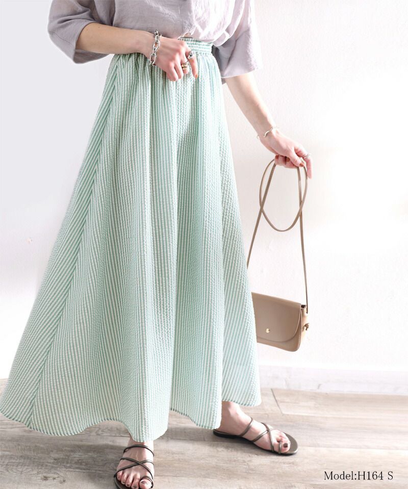 日本 Classical Elf - 春日休閒百搭長裙-直條紋-水藍