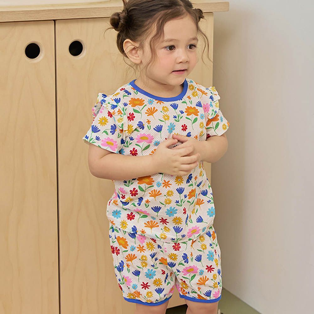 透氣網眼洞洞短袖家居服/睡衣-活力花漾-白